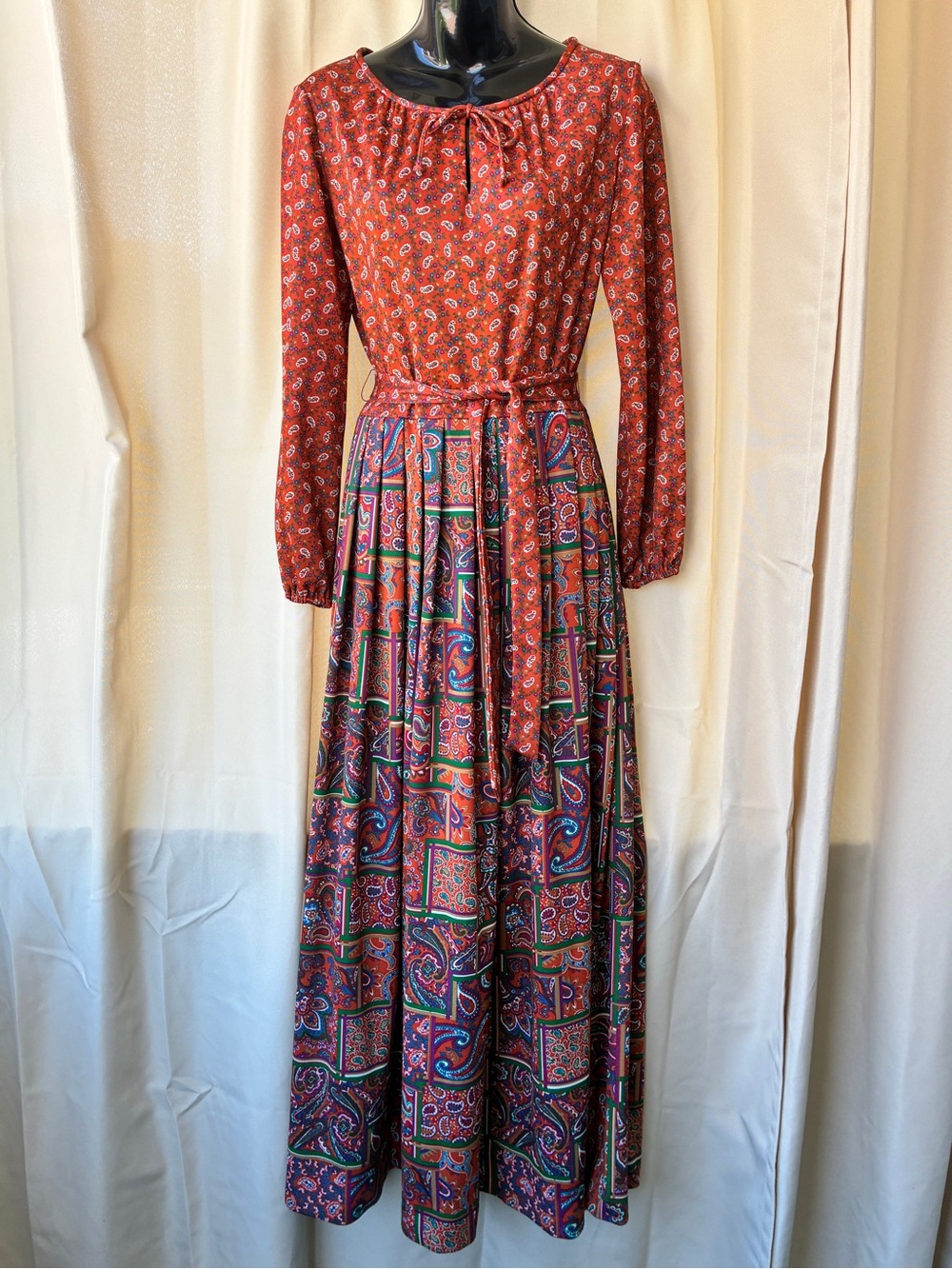 Vintage 70s Bleeker Street Ditzy Floral Paisley Patchwork Belted Maxi Dress